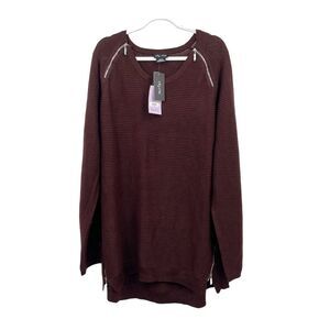 City Chic Zip Front Hi-Lo Jumper Sweater Plus Size 22 Oxblood Brown Longline NWT
